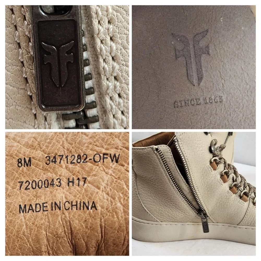 Frye Lena‎ Hiker High Top Boots Women's 8M Beige Leather Lace Up Zip Sneakers